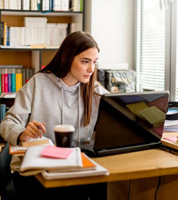 Student working on a computer at a desk.