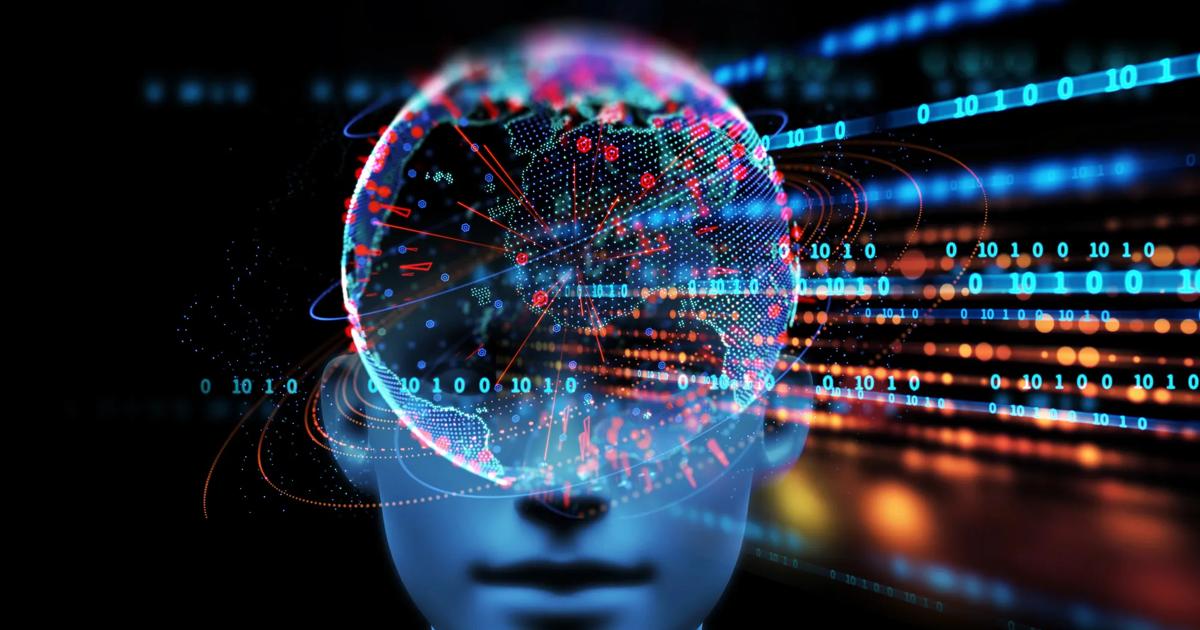 Illustration of code over a hologram of a human head