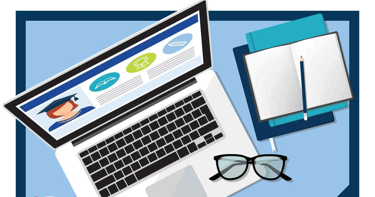 Top-down illustration of a laptop, notebook, coffee cup, and glasses on a desk.