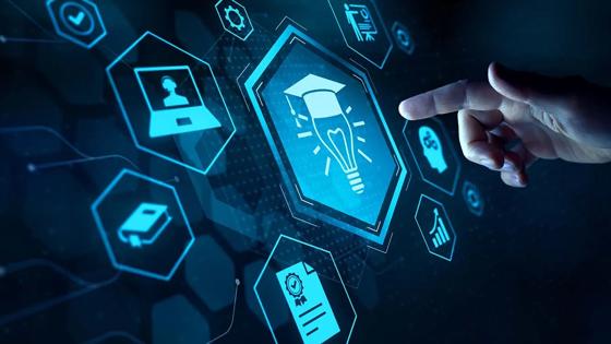 A photo-realistic illustration of a hand reaching toward a virtual interface