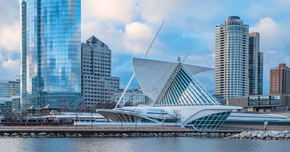 Northwestern Mutual headquarters and Milwaukee Art Museum on the lakeshore in downtown Milwaukee.