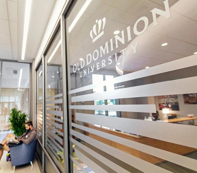 Old Dominion University logo on a glass window