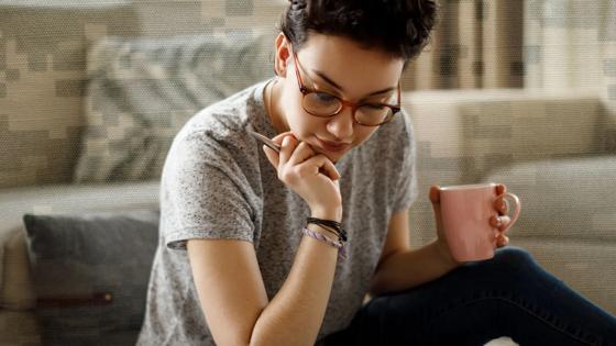 woman studying online with military background