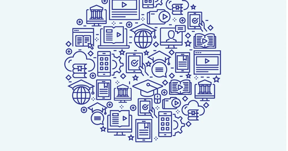 Illustration of online education icons in a circular layout.