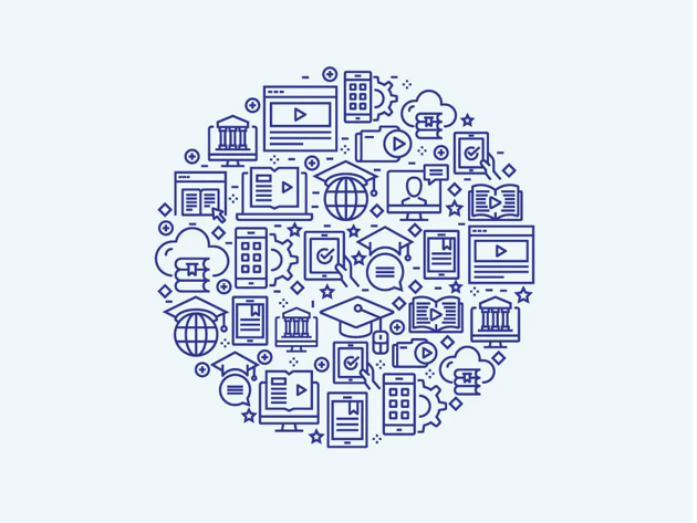 A circle of icons representing online learning and how to determine the best value in online colleges.