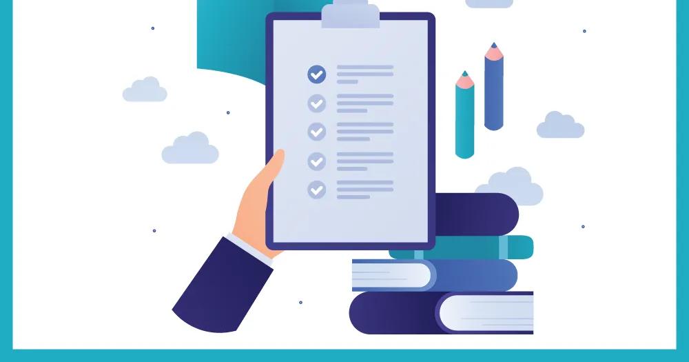 Checklist clipboard and books illustration.