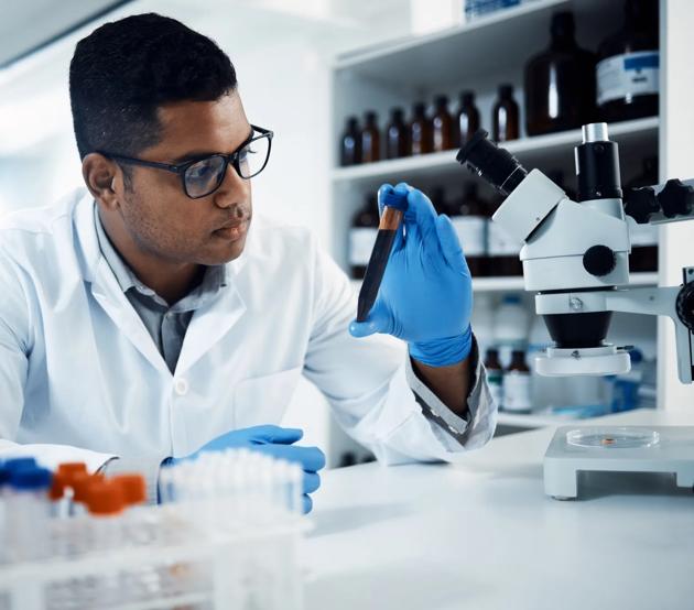 Indian man, blood or scientist in lab for science innovation, life expectancy or antiaging medicine. Futuristic, medical vial or healthcare biologist with DNA chemistry in research or examination 3