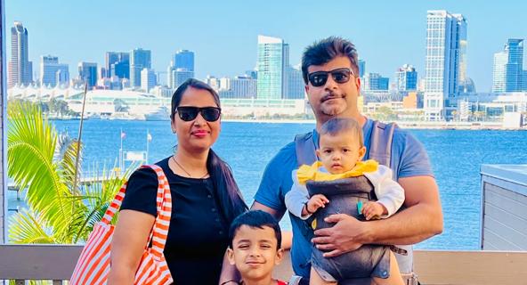 Ashish Verma ’25, right, and his wife Abha Gupta, with their children. Verma, an applied scientist at PayPal, completed Old Dominion University’s online MS in Data Science & Analytics from San Jose, California, while working full time. 