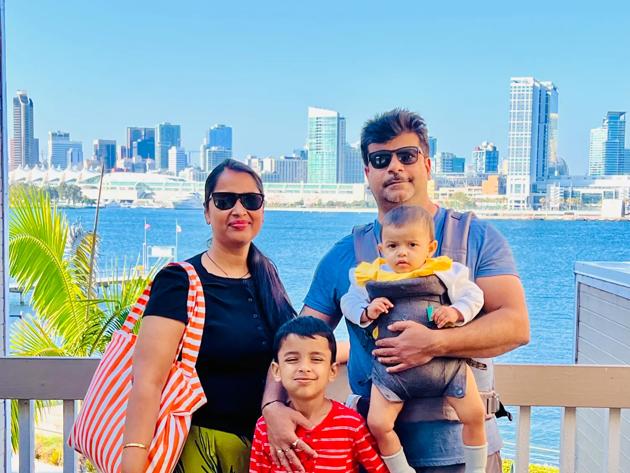 Ashish Verma ’25, right, and his wife Abha Gupta, with their children. Verma, an applied scientist at PayPal, completed Old Dominion University’s online MS in Data Science & Analytics from San Jose, California, while working full time. 