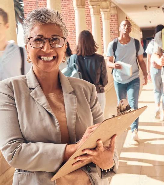 Woman standing in a hallway smiling
