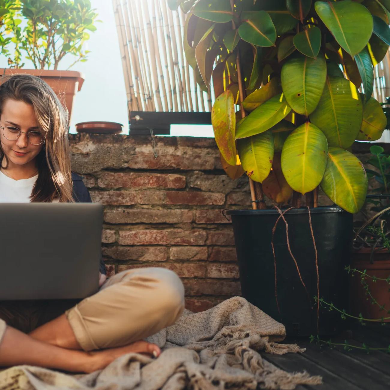 Positive young millennial girl with long hair sitting outdoor at home terrace with best friend dog working on distance using laptop, beautiful student girl having online video meeting via computer